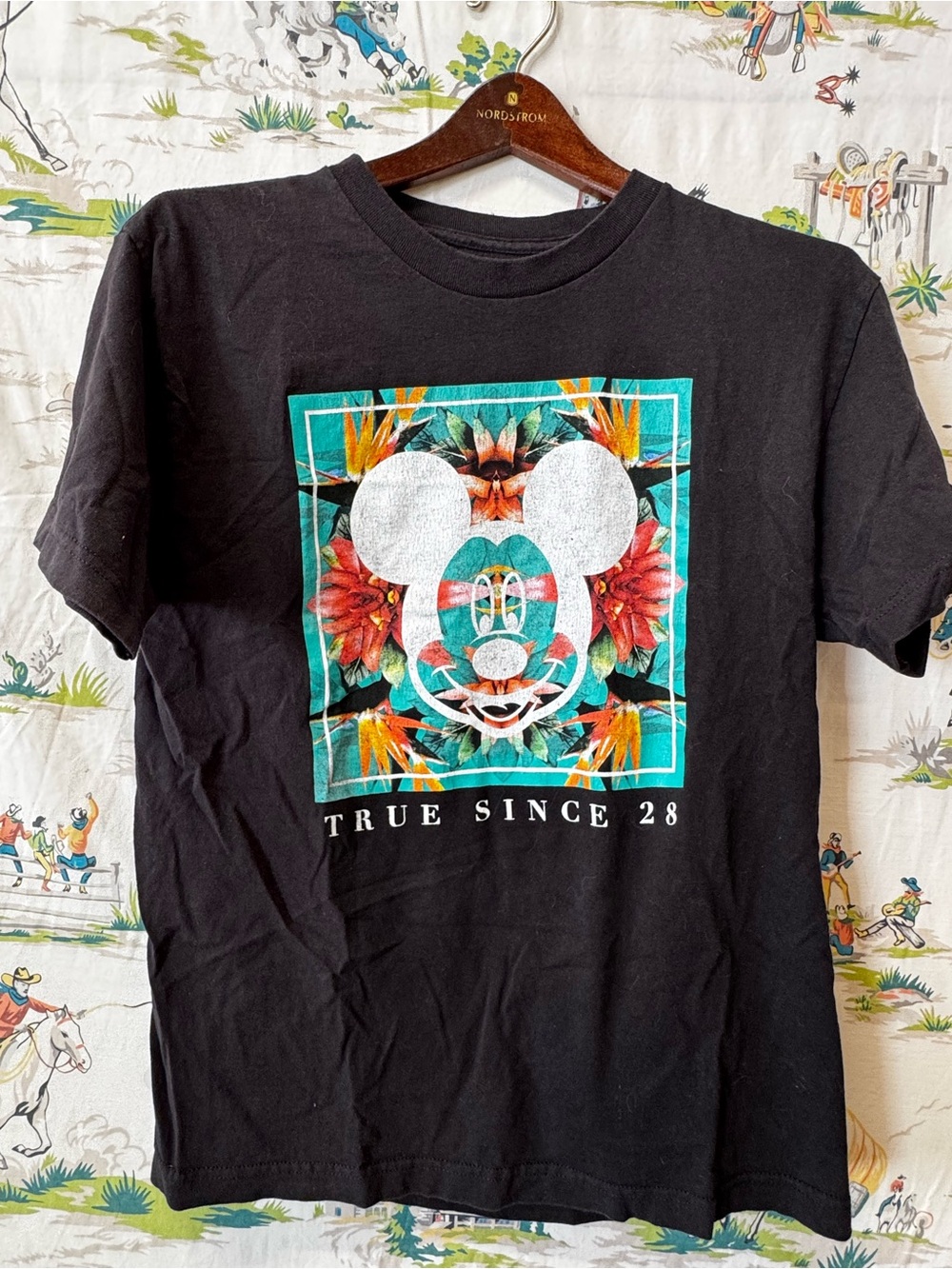 Disney Black Short-Sleeve Tee with Floral Mickey Graphic